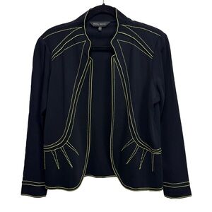 Ming Wang Black & Lime Green Contrast Stitched Open Front Jacket